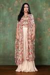 Preeti Jhawar_Beige Chiffon, Cotton Satin Floral Cape Open, Crop Printed Jacket And Sharara Set _Online_at_Aza_Fashions