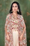 Preeti Jhawar_Beige Chiffon, Cotton Satin Floral Cape Open, Crop Printed Jacket And Sharara Set _at_Aza_Fashions