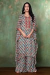 Preeti Jhawar_Blue Chiffon Geometric Notched Printed Kaftan And Palazzo Set _Online_at_Aza_Fashions