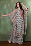 Buy_Preeti Jhawar_Blue Chiffon Geometric Notched Printed Kaftan And Palazzo Set _Online_at_Aza_Fashions