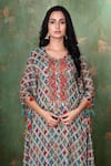 Preeti Jhawar_Blue Chiffon Geometric Notched Printed Kaftan And Palazzo Set _at_Aza_Fashions