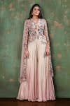 Preeti Jhawar_Pink Chiffon, Cotton Satin Floral, Moti Cape Open, Embroidered And Sharara Set _Online_at_Aza_Fashions