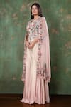 Shop_Preeti Jhawar_Pink Chiffon, Cotton Satin Floral, Moti Cape Open, Embroidered And Sharara Set _Online_at_Aza_Fashions