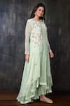 Preeti Jhawar_Green Chiffon, Georgette, Cotton Satin, Shantoon Embroidered Jacket And Pant Set _Online_at_Aza_Fashions