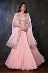 Buy_Preeti Jhawar_Pink Organza Embroidery Moti Cape Open Lehenga Set _at_Aza_Fashions