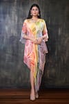 Buy_Preeti Jhawar_Multi Color Chiffon Abstract Cowl Neck Print Dress _Online_at_Aza_Fashions