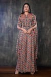 Buy_Preeti Jhawar_Multi Color Chiffon Geometric Open Printed Cape And Sharara Set _Online_at_Aza_Fashions