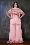 Buy_Preeti Jhawar_Pink Organza, Georgette Floral V Neck Embroidered Kurta Palazzo Set _at_Aza_Fashions