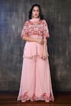 Preeti Jhawar_Pink Organza, Georgette Floral V Neck Embroidered Kurta Palazzo Set _Online_at_Aza_Fashions