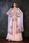 Buy_Preeti Jhawar_Peach Chiffon, Georgette Floral, Zardozi Open Embroidered Cape Sharara Set _at_Aza_Fashions