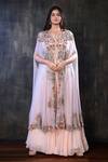 Buy_Preeti Jhawar_Peach Chiffon, Georgette Floral, Zardozi Open Embroidered Cape Sharara Set _Online_at_Aza_Fashions