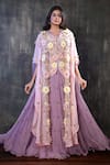 Buy_Preeti Jhawar_Purple Organza Embroidery Floral Open Cape Lehenga Set _at_Aza_Fashions