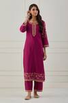 Buy_Priya Chaudhary_Pink Chanderi Silk Thread Work Round Notched Embroidered Kurta _at_Aza_Fashions