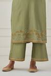 Shop_Priya Chaudhary_Green Chanderi Silk Thread Work Round Notched Embroidered Kurta And Pant Set _Online_at_Aza_Fashions