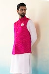 Buy_Weaver Story_Pink Handloom Katan Silk Zari Work Banarasi Woven Nehru Jacket _at_Aza_Fashions