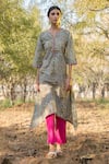 Buy_Marche_Grey Cotton Printed Floral Round Notched Gardenia Kurta And Pant Set _at_Aza_Fashions