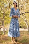 Buy_Marche_Blue Cotton Printed Floral V Neck Dress For Women_at_Aza_Fashions