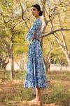 Marche_Blue Cotton Printed Floral V Neck Dress For Women_Online_at_Aza_Fashions