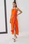 Buy_Studio Rigu_Orange Linen Satin Halter Lucy Skater Dress _at_Aza_Fashions
