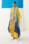 Buy_Studio Rigu_Yellow Vegan Silk Floral Print Round Aphrodite Kimono Kurta And Trousers Set _at_Aza_Fashions