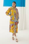 Buy_Studio Rigu_Yellow Vegan Silk Floral Print Spread Collar Aphrodite Shirt Dress _at_Aza_Fashions