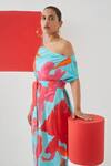 Studio Rigu_Blue Vegan Silk Floral Print One Shoulder Draped Dress _Online_at_Aza_Fashions