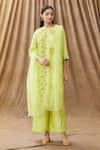 Buy_Manasi Sengupta_Green Silk Chanderi And Embroidery Block Mandarin Kurta Set  _at_Aza_Fashions