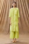 Buy_Manasi Sengupta_Green Silk Chanderi And Embroidery Block Mandarin Kurta Set  _Online_at_Aza_Fashions