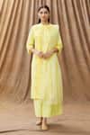 Buy_Manasi Sengupta_Yellow Silk Chanderi And Embroidery Block Mandarin Kurta Set _at_Aza_Fashions