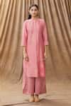 Buy_Manasi Sengupta_Pink Silk Chanderi And Embroidery Block Mandarin Kurta Set  _Online_at_Aza_Fashions