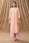 Buy_Manasi Sengupta_Peach Silk Chanderi Embroidery Thread Work Mandarin Kurta And Pant Set  _at_Aza_Fashions