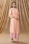 Manasi Sengupta_Peach Silk Chanderi Embroidery Thread Work Mandarin Kurta And Pant Set  _Online_at_Aza_Fashions