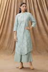 Buy_Manasi Sengupta_Green Silk Chanderi Embroidery Thread Work Mandarin Kurta And Pant Set  _at_Aza_Fashions