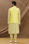 Shop_Priyanka Haralalka_Yellow Cotton, Crepe, Katan Silk Floral Asymmetric Bundi And Kurta Set_at_Aza_Fashions