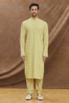 Buy_Priyanka Haralalka_Yellow Cotton, Crepe, Katan Silk Floral Asymmetric Bundi And Kurta Set_Online_at_Aza_Fashions