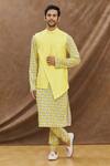Buy_Priyanka Haralalka_Yellow Cotton, Crepe, Katan Silk Floral Asymmetric Bundi And Kurta Set_at_Aza_Fashions
