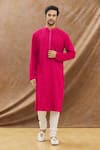 Buy_Priyanka Haralalka_Pink Rayon, Pure Cotton Thread Embroidered Kurta Set _Online_at_Aza_Fashions