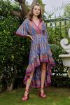 Buy_Cin Cin_Pink Matte Satin Printed Floral V Neck Asymmetric Dress_at_Aza_Fashions