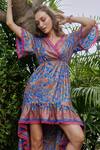 Cin Cin_Pink Matte Satin Printed Floral V Neck Asymmetric Dress_Online_at_Aza_Fashions