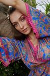 Shop_Cin Cin_Pink Matte Satin Printed Floral V Neck Asymmetric Dress_Online_at_Aza_Fashions