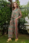 Cin Cin_Green Poly Lurex Printed Floral V Neck Shirt And Pant Set _Online_at_Aza_Fashions