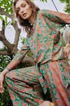 Shop_Cin Cin_Green Poly Lurex Printed Floral V Neck Shirt And Pant Set _Online_at_Aza_Fashions