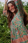 Shop_Cin Cin_Green Matte Satin Printed Floral V Neck Dress For Women_Online_at_Aza_Fashions