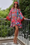 Buy_Cin Cin_Pink Satin Printed Floral V Neck Dress _at_Aza_Fashions