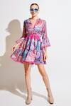 Buy_Cin Cin_Pink Satin Printed Floral V Neck Dress _at_Aza_Fashions