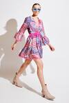 Cin Cin_Pink Satin Printed Floral V Neck Dress _Online_at_Aza_Fashions