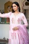 Maison Shefali Pink Cotton Floral Print, Gota Work V Neck Chaand Tahira Mughal Anarkali Set at Aza Fashions Maison Shefali_Pink Cotton Floral Print, Gota Work V Neck Chaand Tahira Mughal Anarkali Set _at_Aza_Fashions