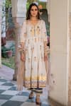 Buy_Maison Shefali_White Cotton Floral Print, Gota Work V Neck Chaand Tahira Mughal Anarkali Set _Online_at_Aza_Fashions
