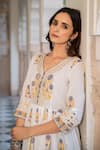 Maison Shefali_White Cotton Floral Print, Gota Work V Neck Chaand Tahira Mughal Anarkali Set _at_Aza_Fashions