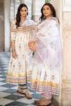 Buy_Maison Shefali_White Cotton Floral Print, Gota Work V Neck Chaand Tahira Mughal Anarkali Set _Online_at_Aza_Fashions